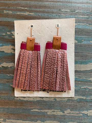 leather tassel earrings - light metallic pink and fuchsia