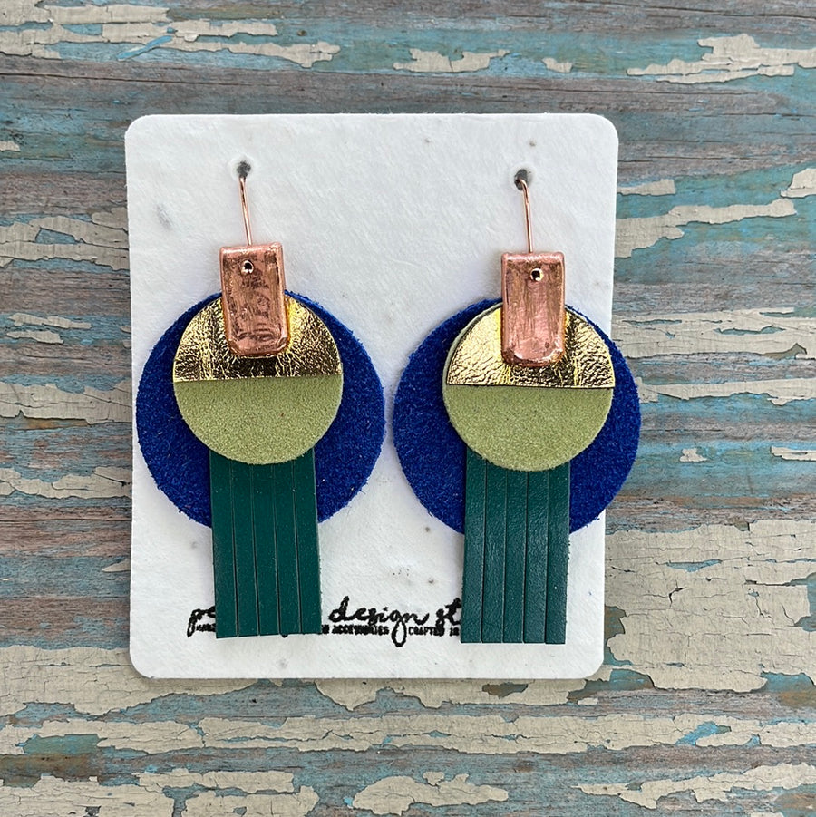 circle leather tassel earrings - cobalt blue, dark teal, light green, and gold