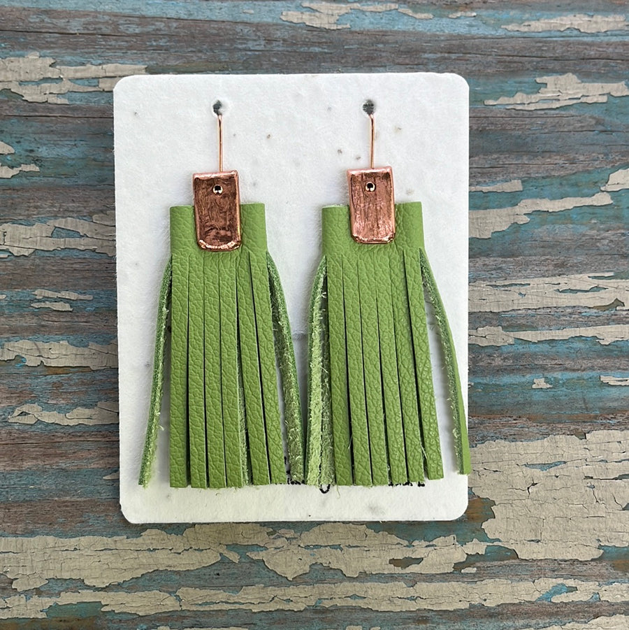 leather tassel earrings - lime green
