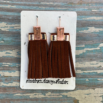 leather tassel earrings - brown suede and rose gold