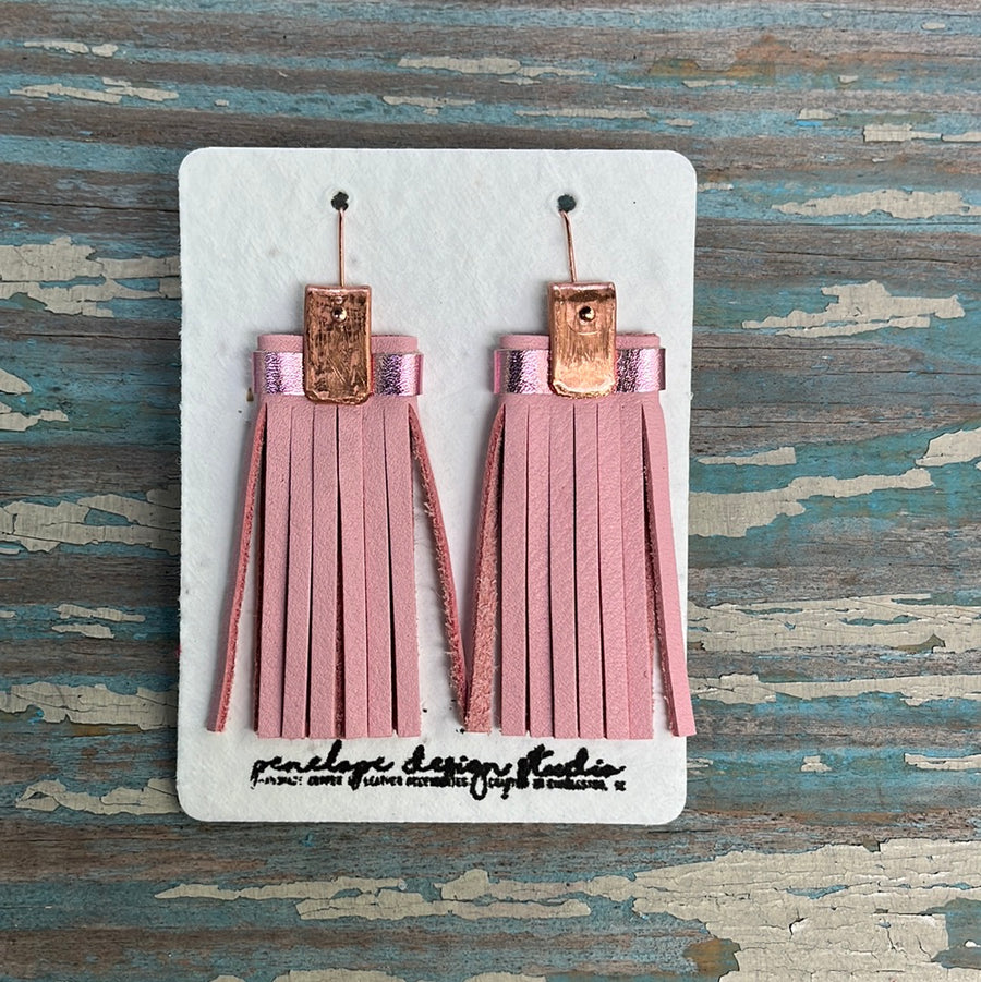 leather tassel earrings - light pink and metallic light pink