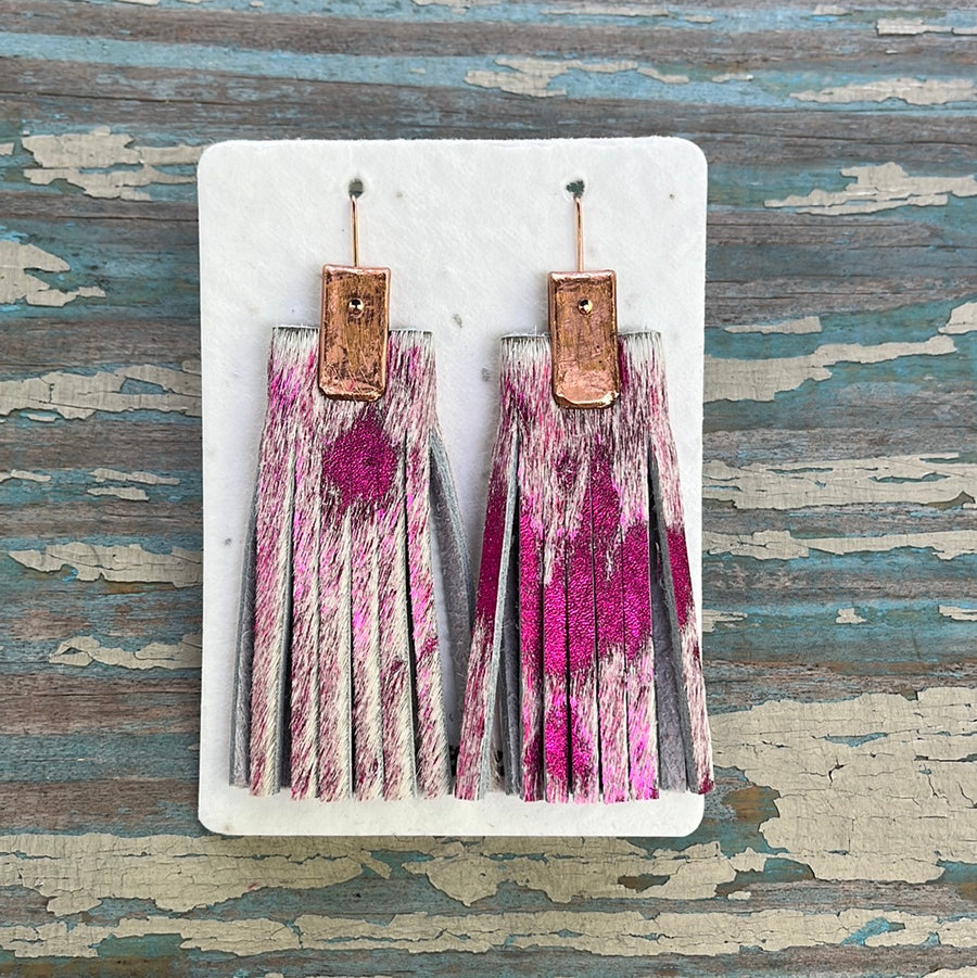 leather tassel earrings - textured bright pink cowhide