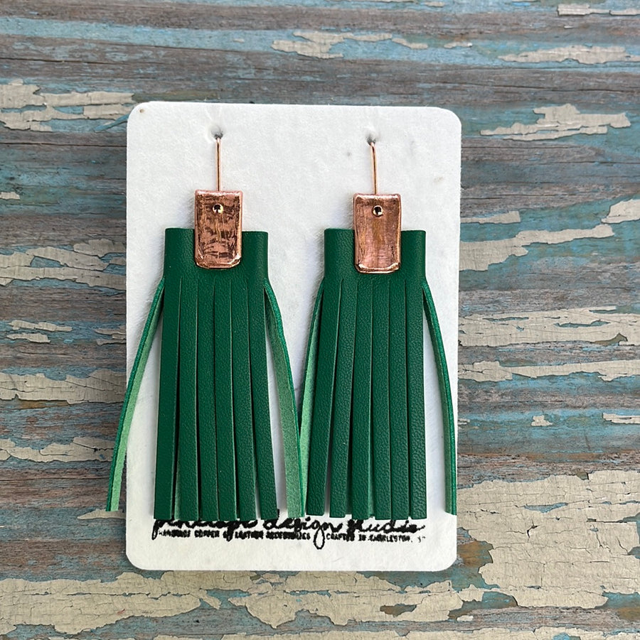 leather tassel earrings - dark green