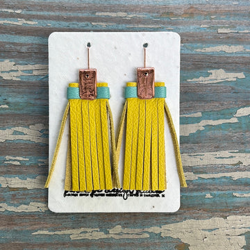 leather tassel earrings - yellow and light teal