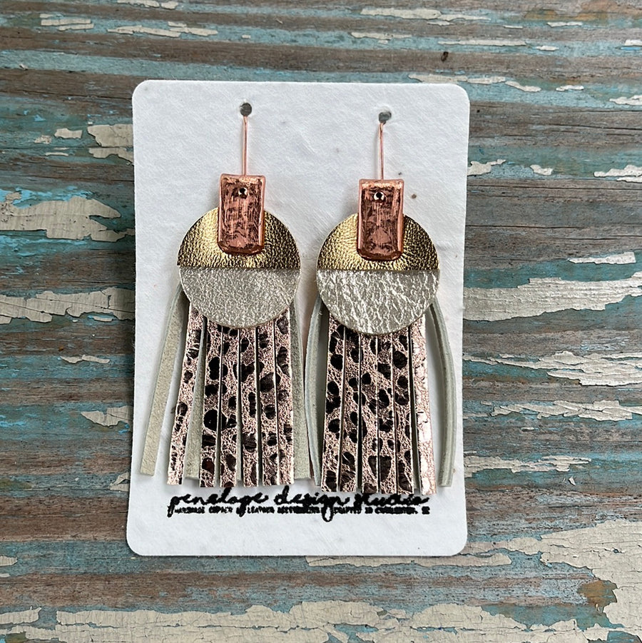 leather tassel earrings - textured rose gold, opalescent white, and gold