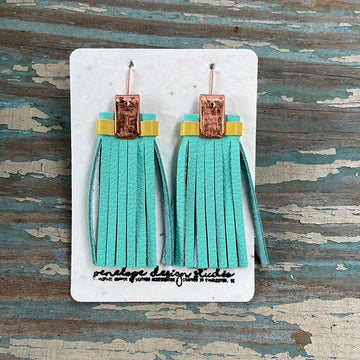 leather tassel earrings - light teal and light yellow