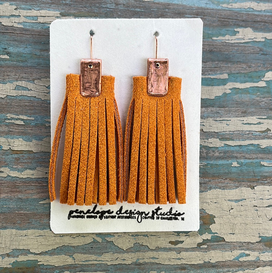 leather tassel earrings - orange