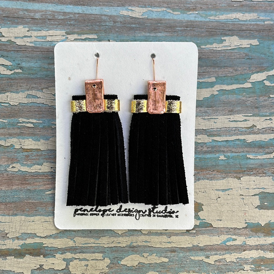 leather tassel earrings - black suede and gold