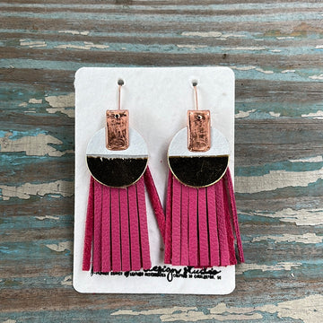 leather tassel earrings - pink, gold, and white