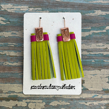 leather tassel earrings - lime green and fuchsia