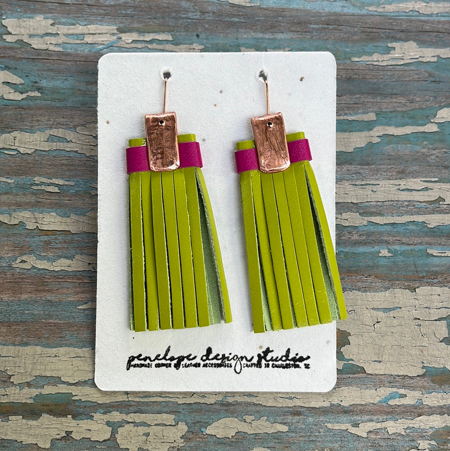 leather tassel earrings - lime green and fuchsia