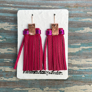leather tassel earrings - dark pink and metallic pink