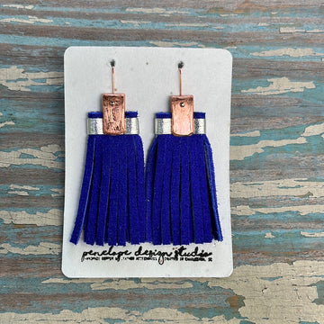 leather tassel earrings - cobalt blue and silver