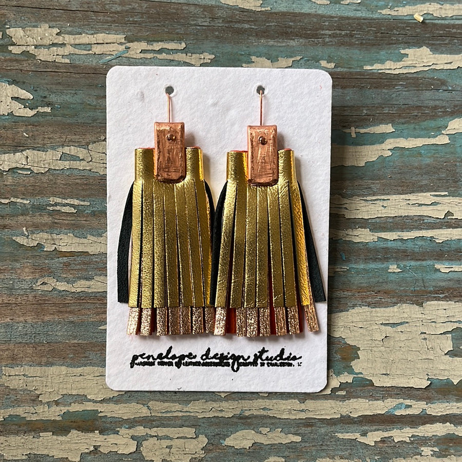 double leather tassel earrings - gold and rose gold