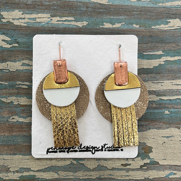 circle leather tassel earrings - textured camel with silver, gold, white, and gold