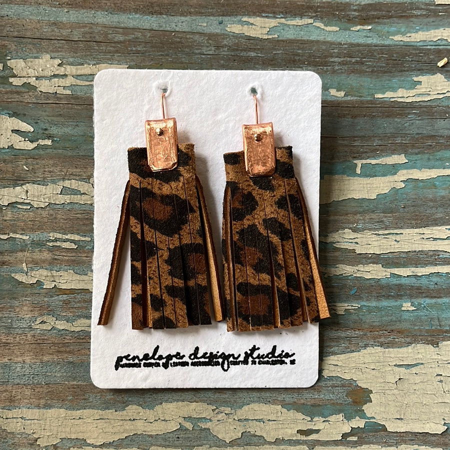 leather tassel earrings - cheetah print