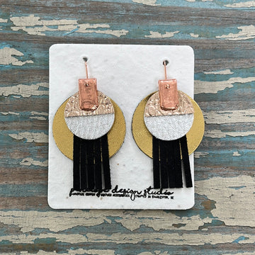 circle leather tassel earrings - gold, black, silver, and textured rose gold