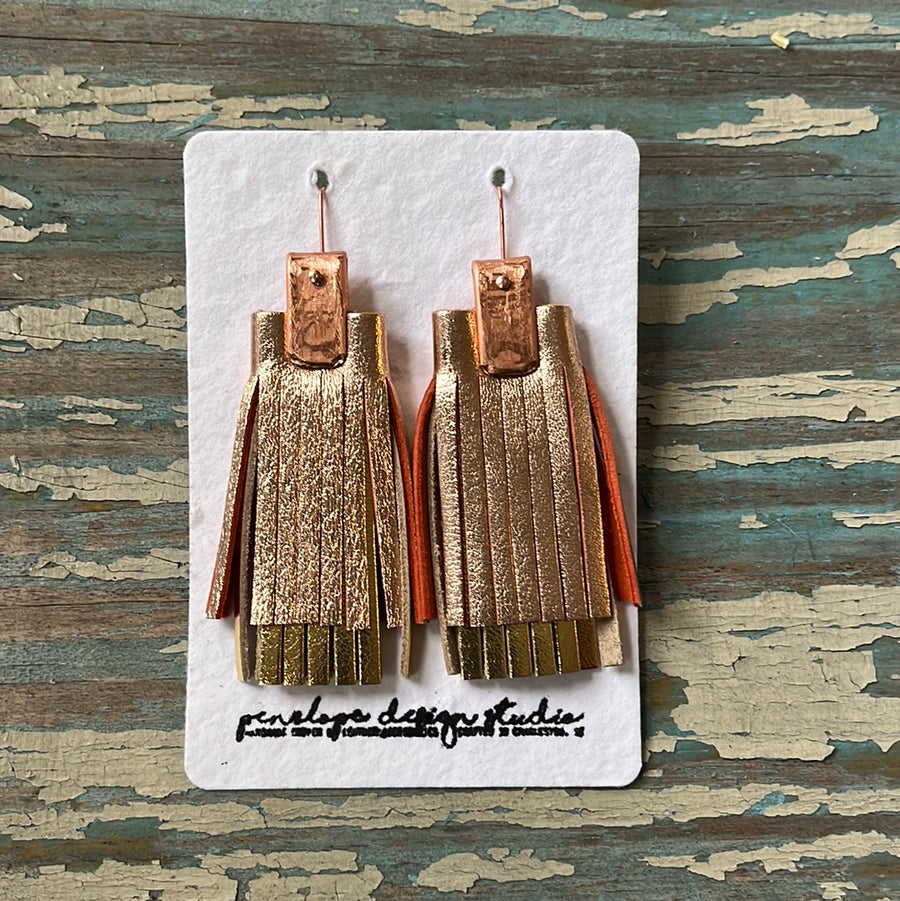 double leather tassel earrings - rose gold and gold