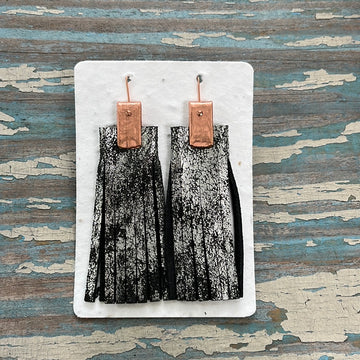 leather tassel earrings - textured black with silver