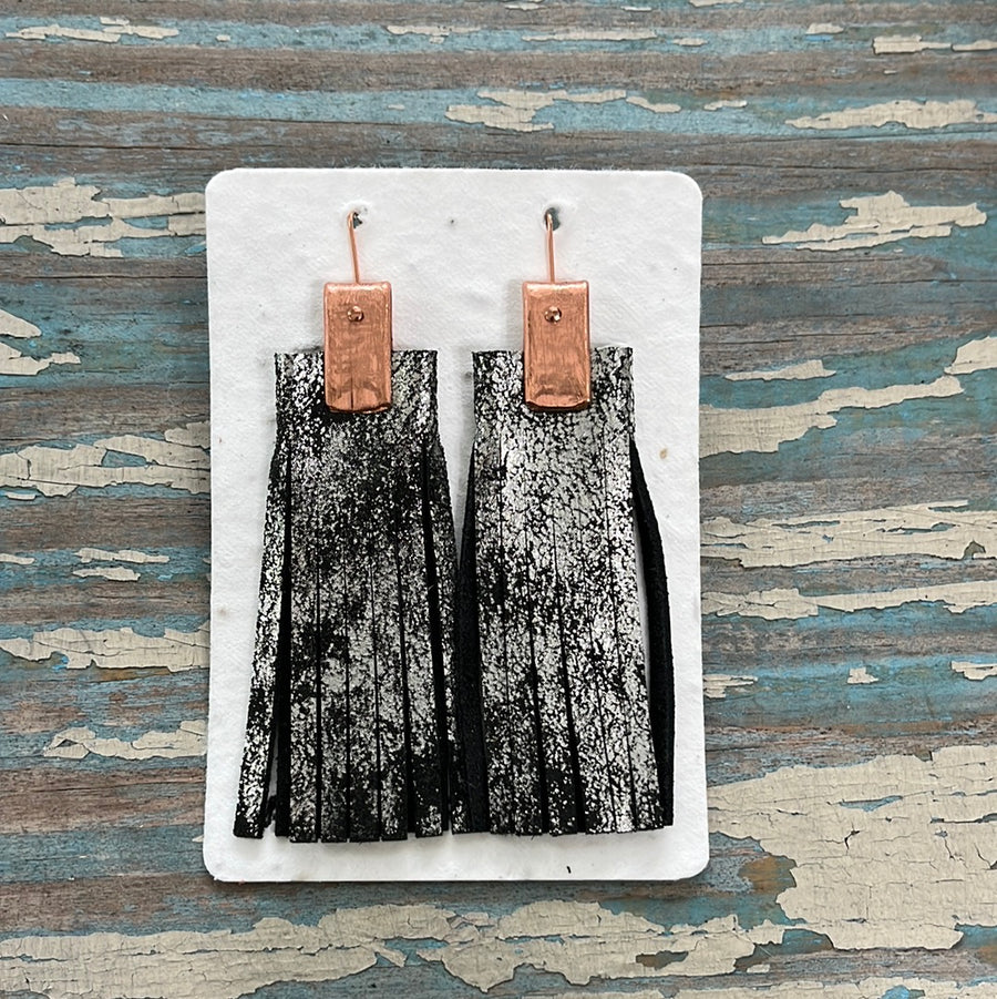 leather tassel earrings - textured black with silver