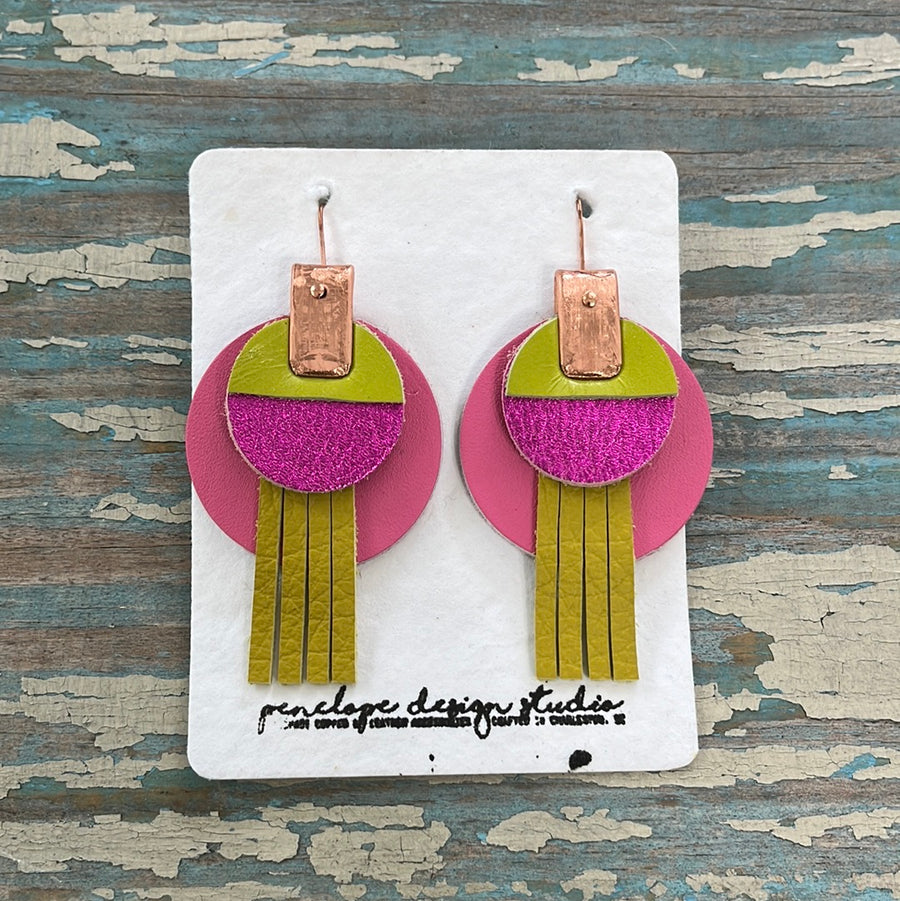 circle leather tassel earrings - light pink, green, metallic bright pink and citron