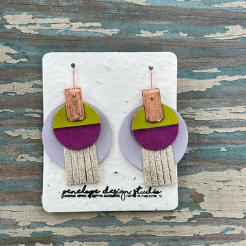 circle leather tassel earrings - light purple, opalescent white, fuchsia, and citron green