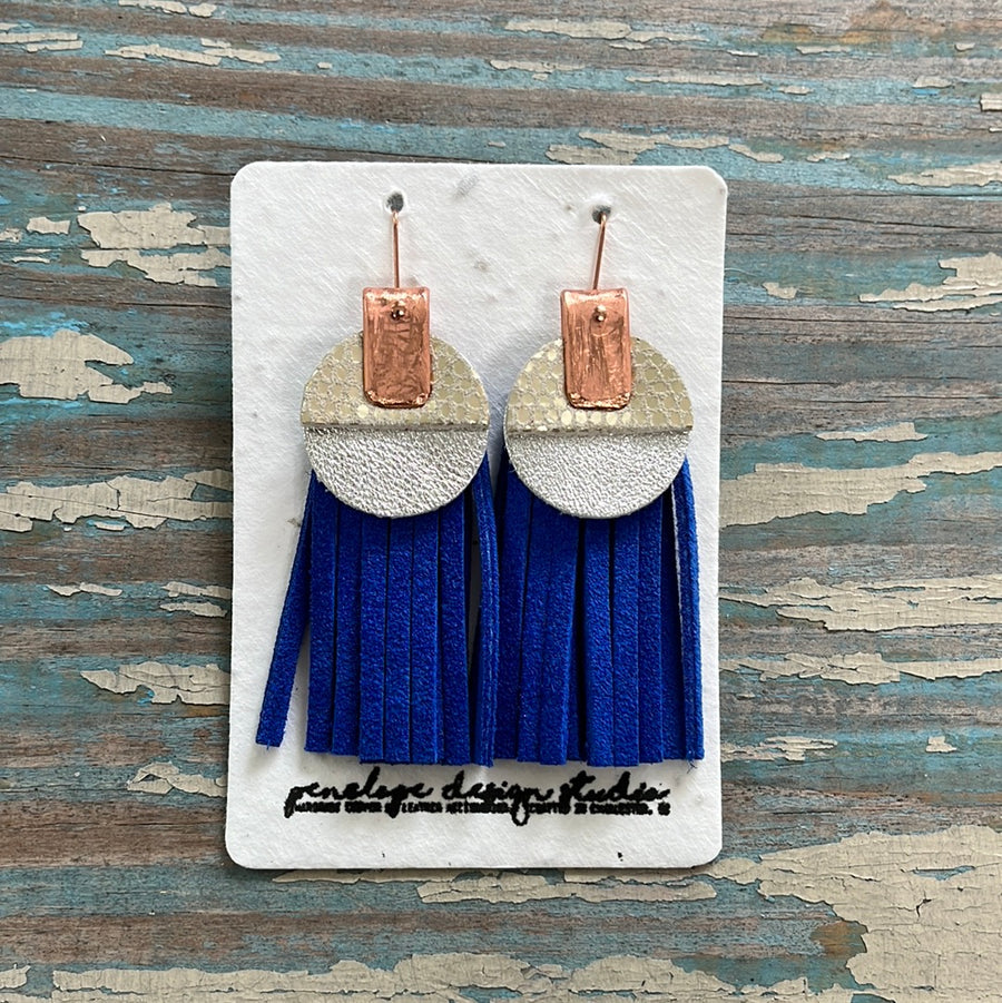 leather tassel earrings - cobalt blue, silver, & textured metallic tan
