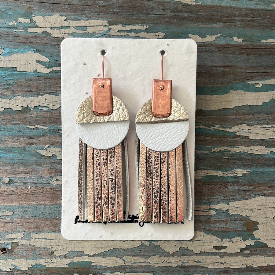 leather tassel earrings - light rose gold, white, and silvery gold
