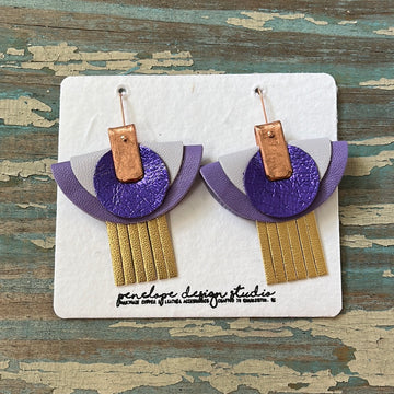 half moon tassel earrings - purple, light purple, metallic purple, and gold